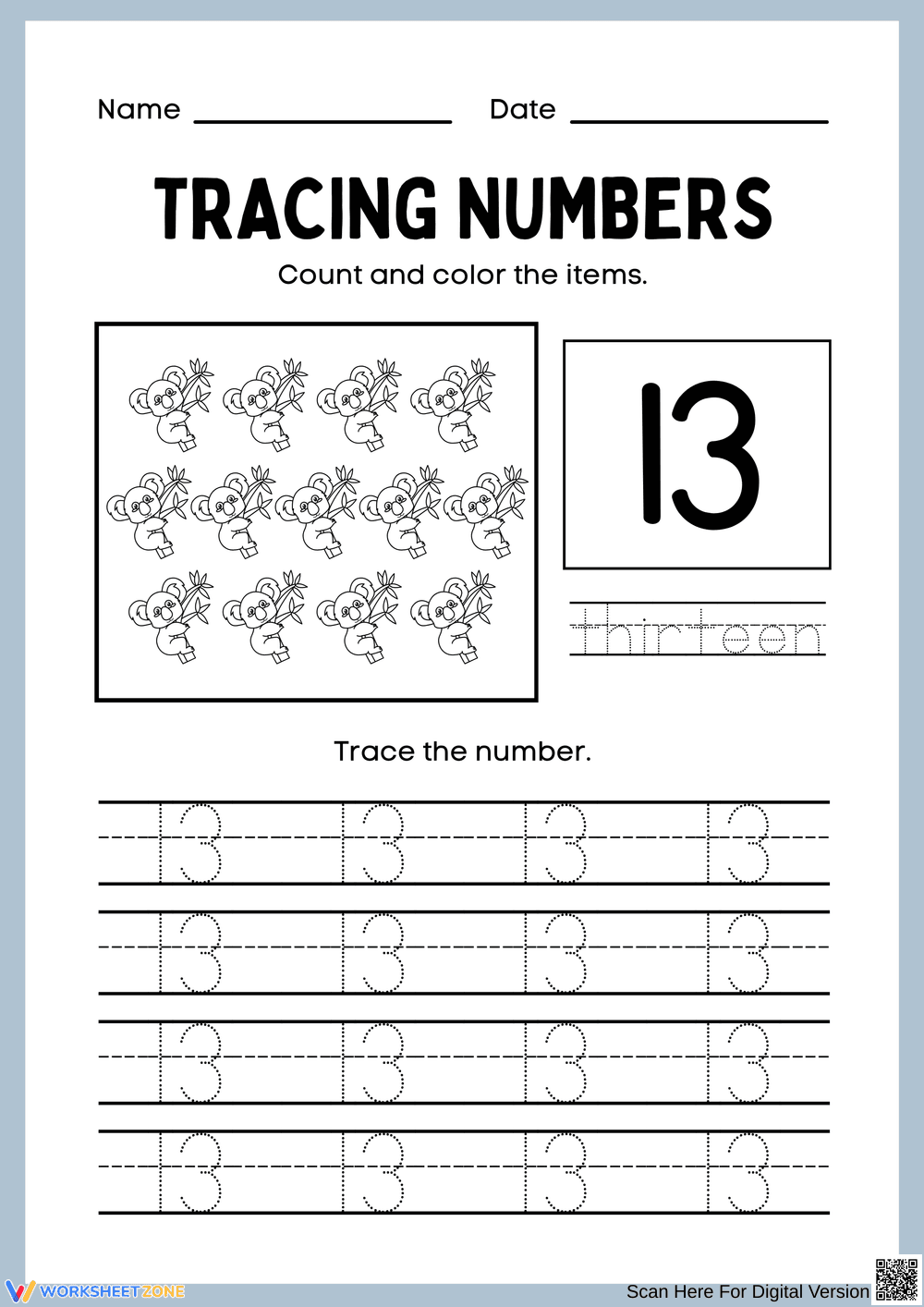 Tracing Numbers 13: Count and Color the Items - Page 1