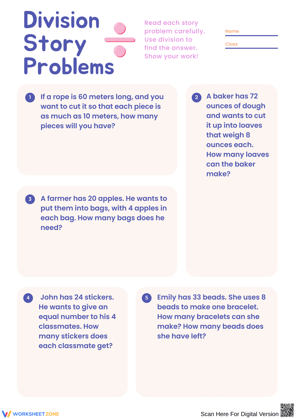 Division Story Problems Worksheet - Page 1