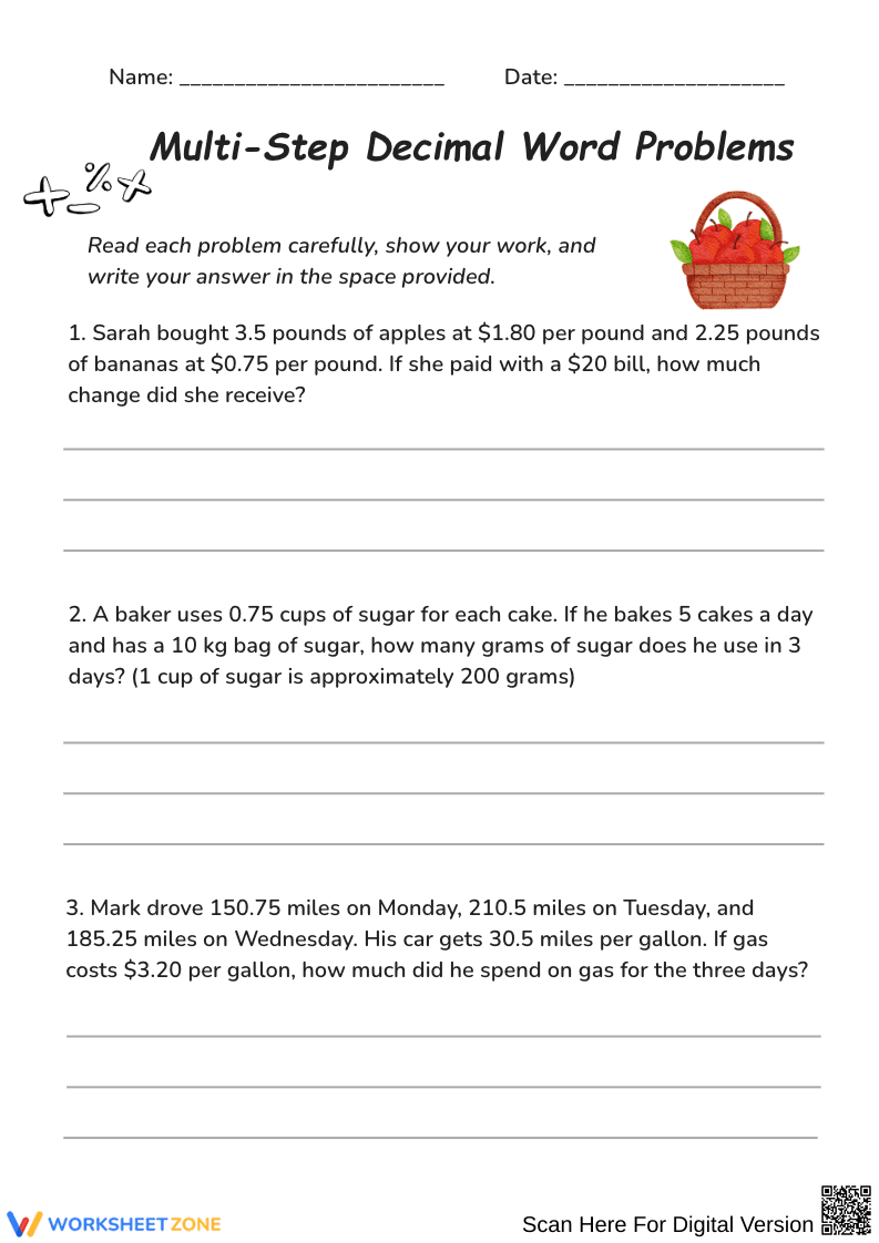 Multi-Step Decimal Word Problems - Page 1