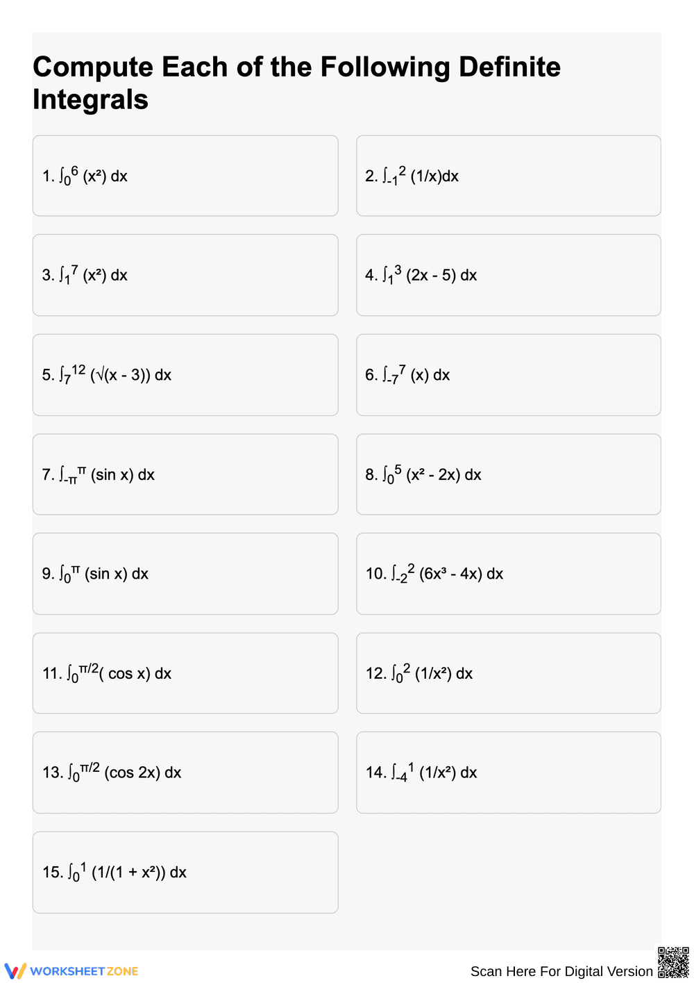 Definite Integral Computation Practice - Page 1