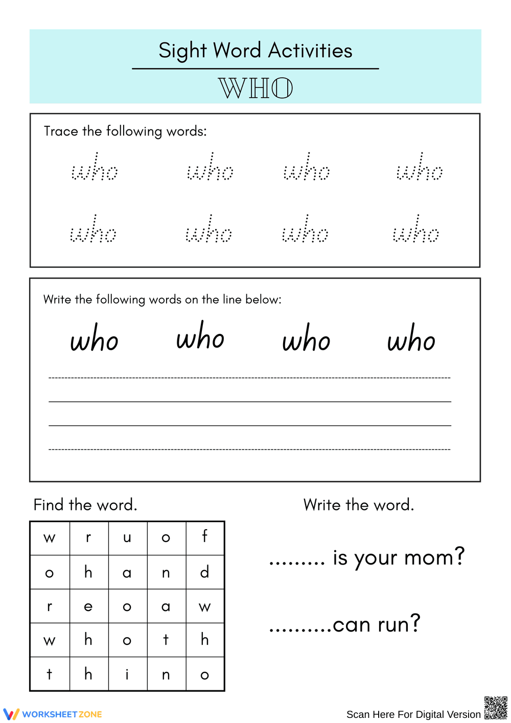 Sight Word Activities Focusing on 'Who' - Page 1