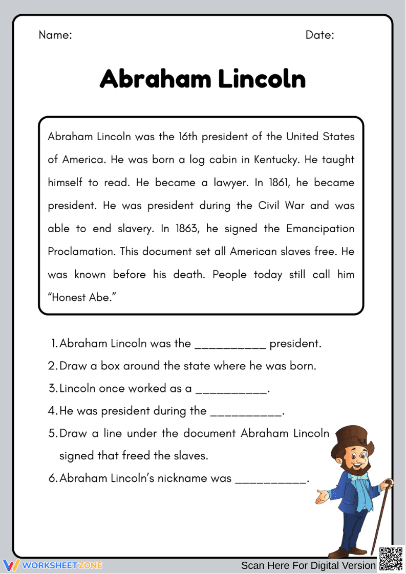Abraham Lincoln Reading Comprehension Worksheet - Page 1