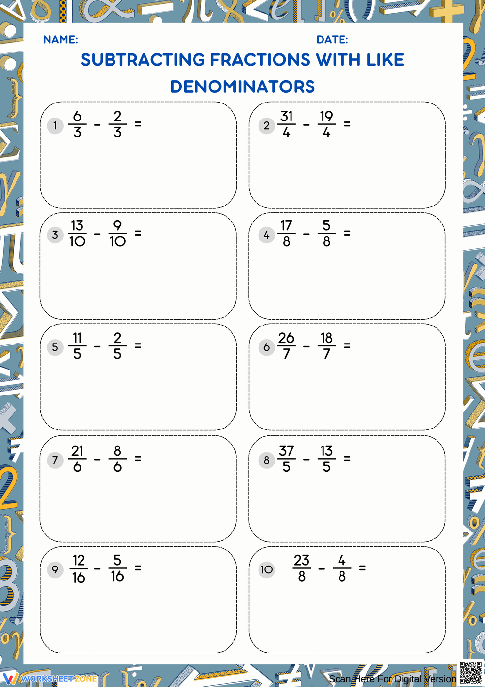 Subtracting Fractions With Like Denominators - Page 1