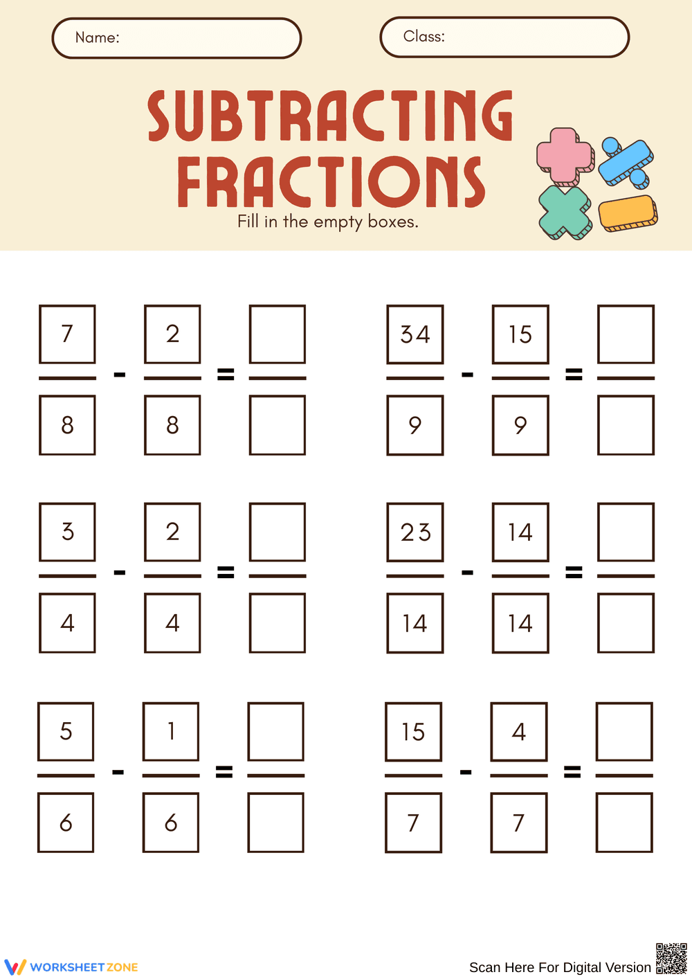 Subtracting Fractions Practice Worksheet - Page 1