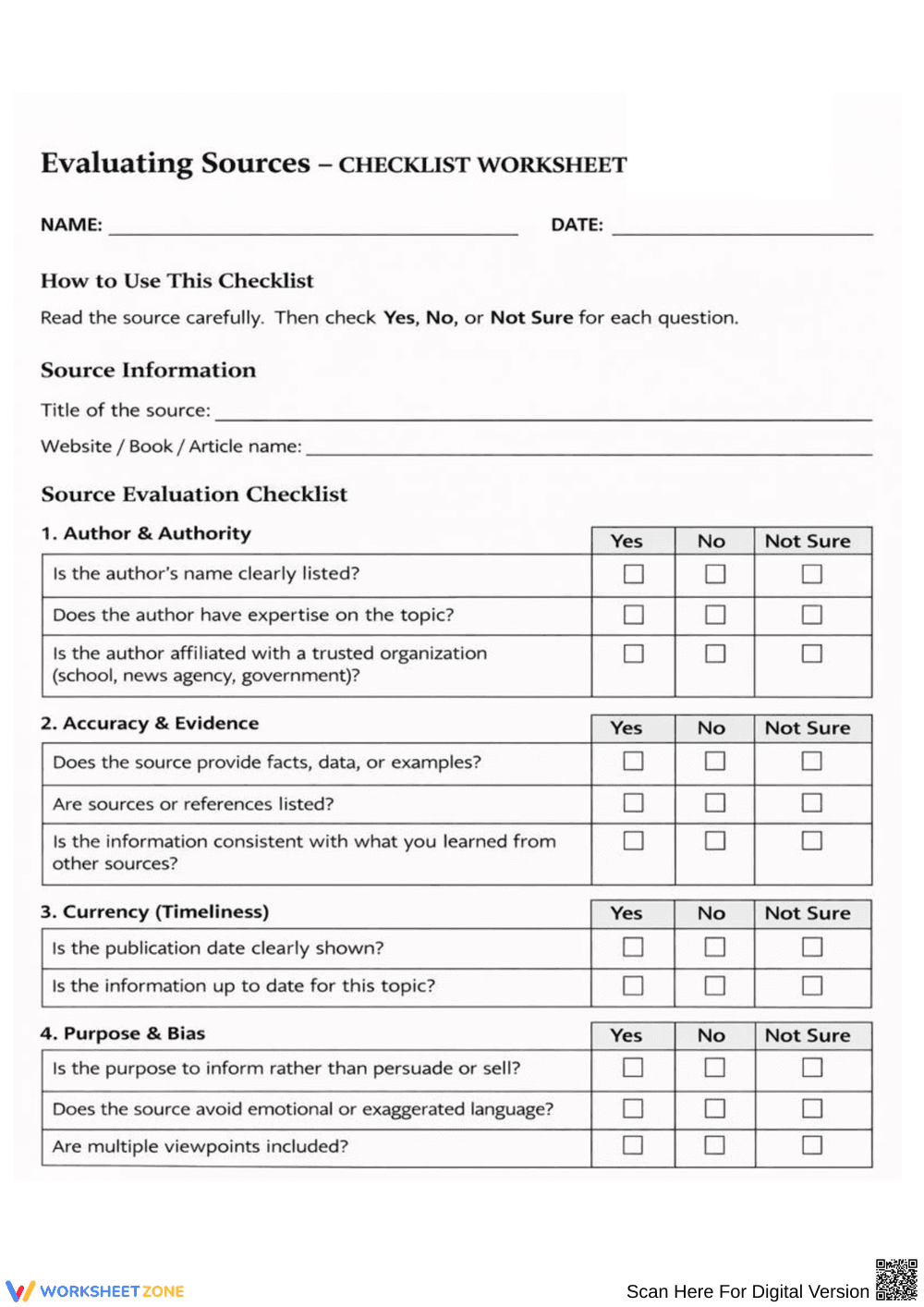Evaluating Sources: A Comprehensive Checklist - Page 1