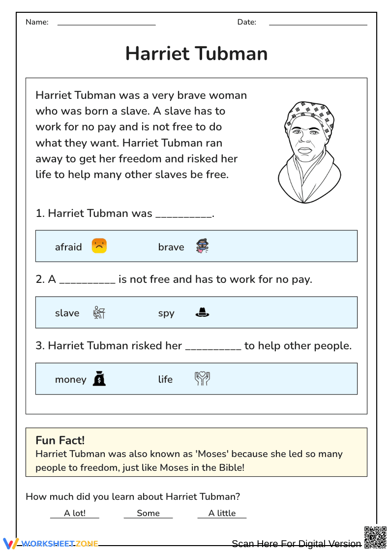 Harriet Tubman Reading Comprehension Worksheet - Page 1