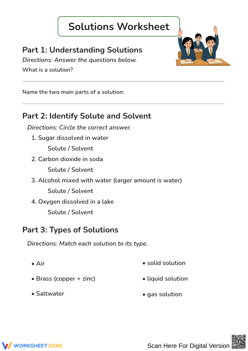 Solutions Worksheet for Grade 10 Chemistry - Page 1