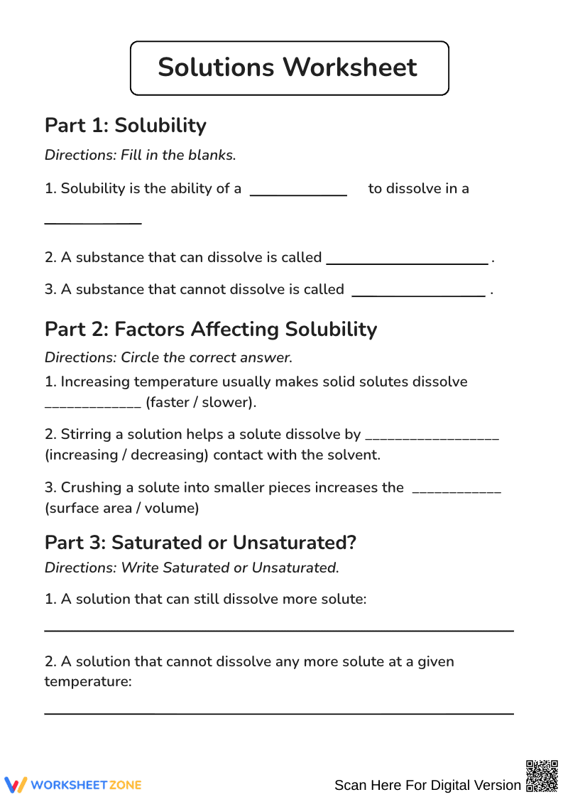 Solubility and Solutions Worksheet - Page 1