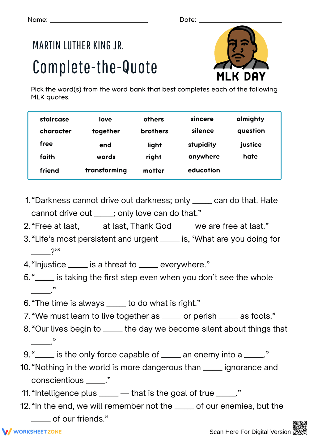 Complete the Quotes from Martin Luther King Jr. - Page 1
