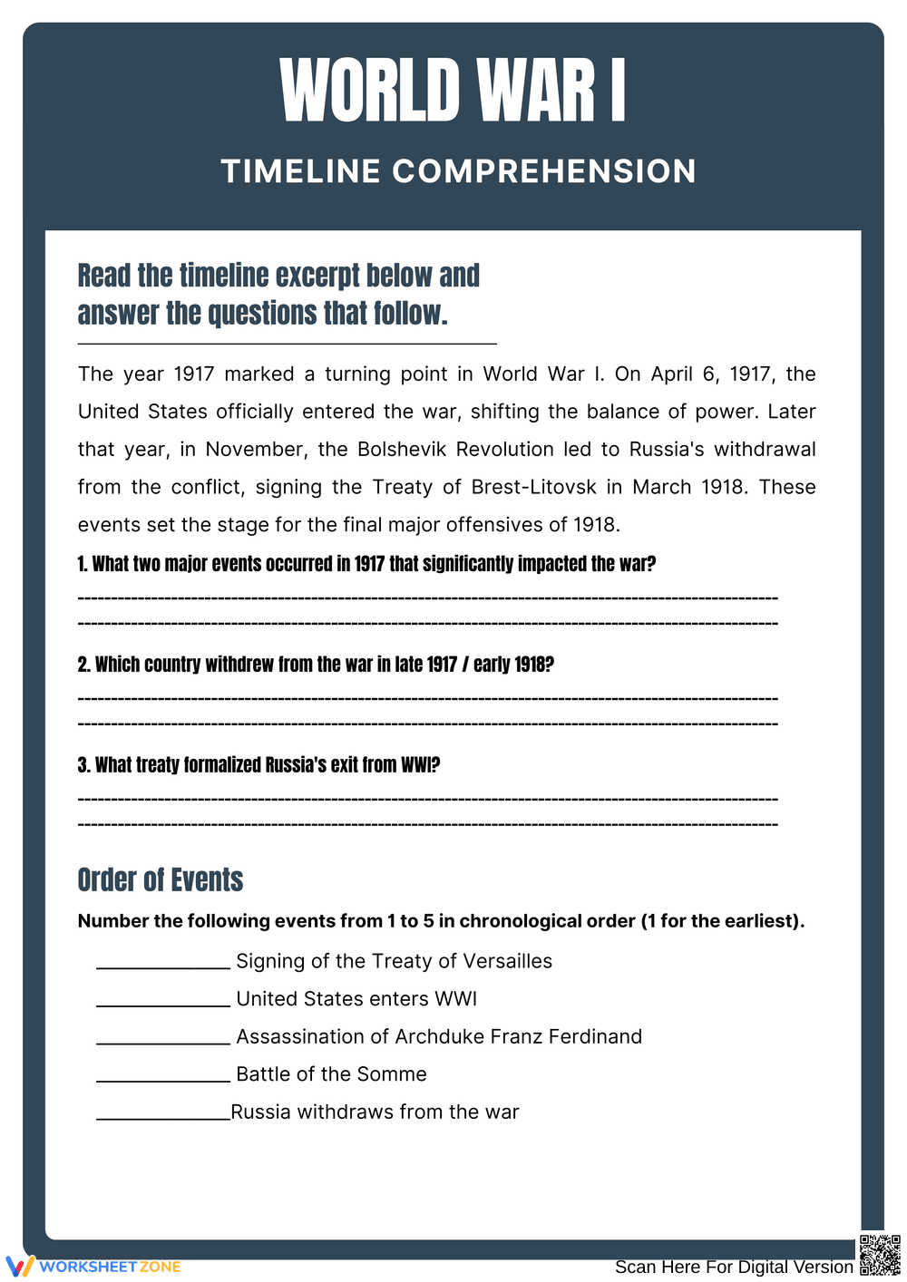 World War I Timeline Comprehension Activity - Page 1