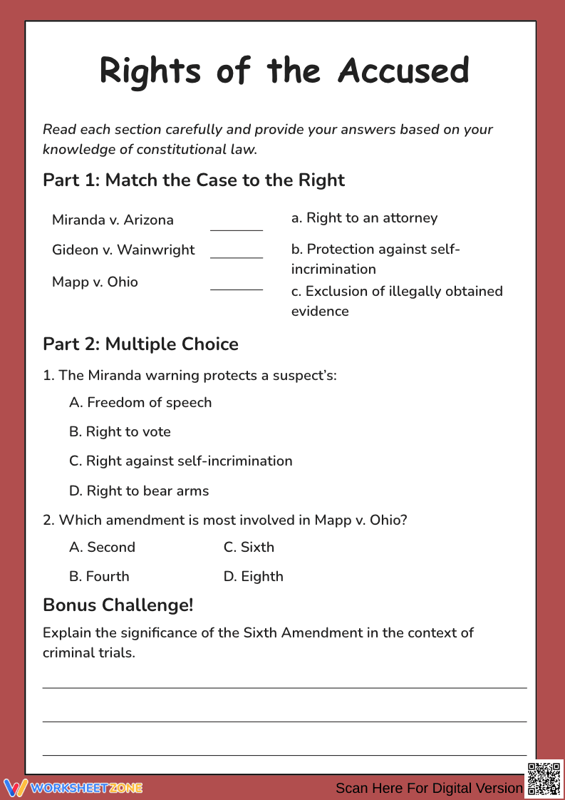 Rights of the Accused Supreme Court Cases Worksheet - Page 1