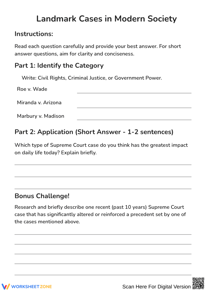 Landmark Cases in Modern Society Worksheet - Page 1