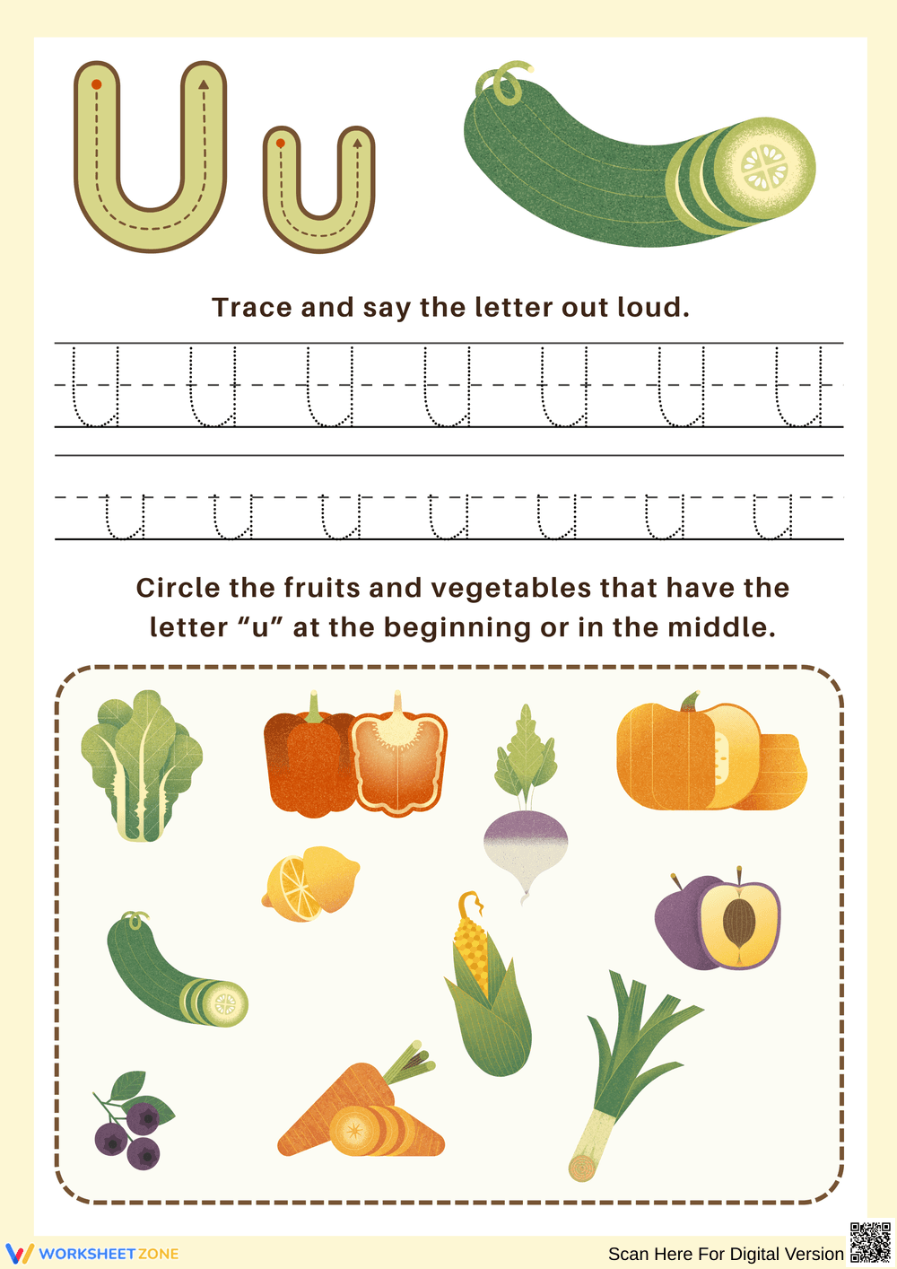 Letter U: Trace and Identify Fruits and Vegetables - Page 1