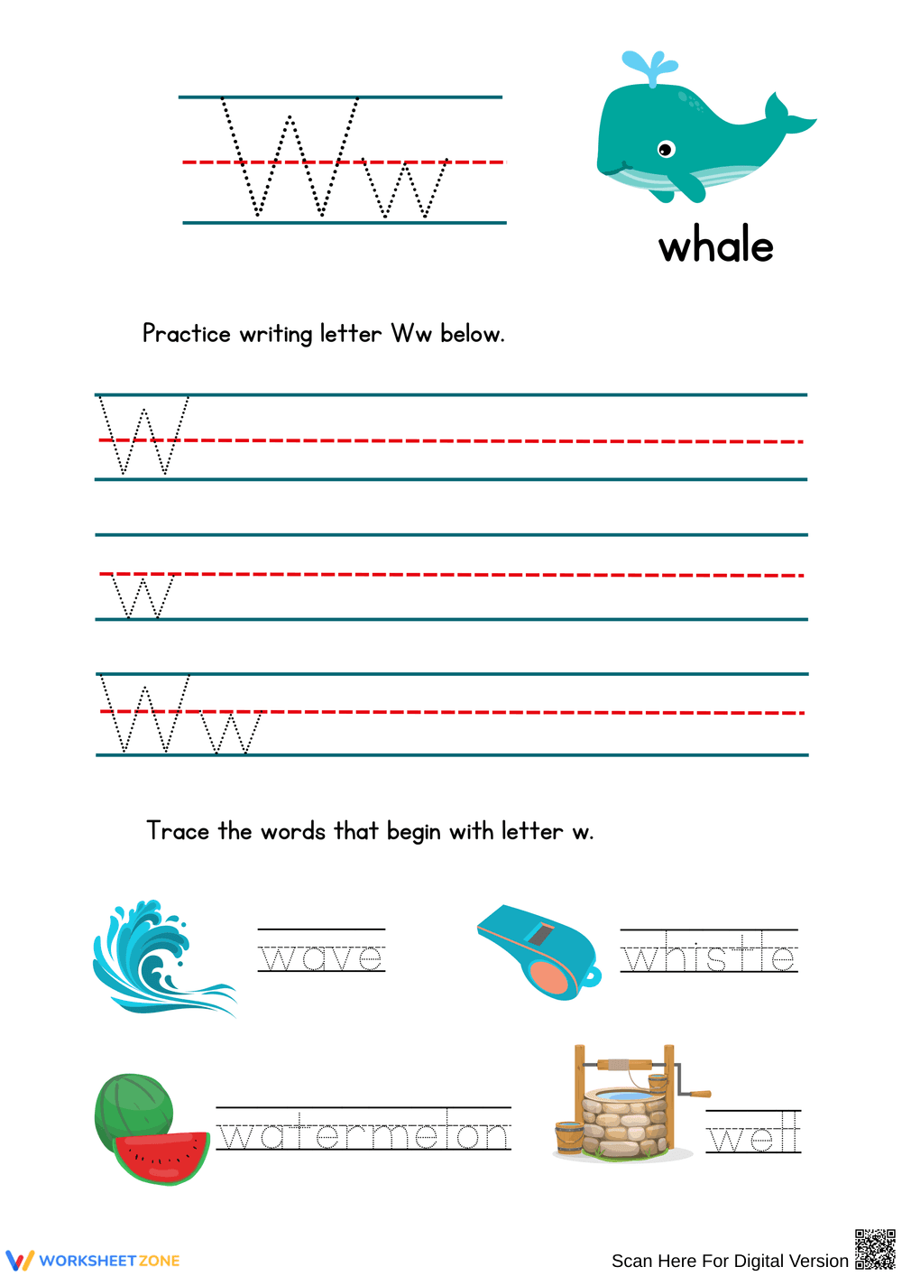 Writing Practice for Letter W - Page 1