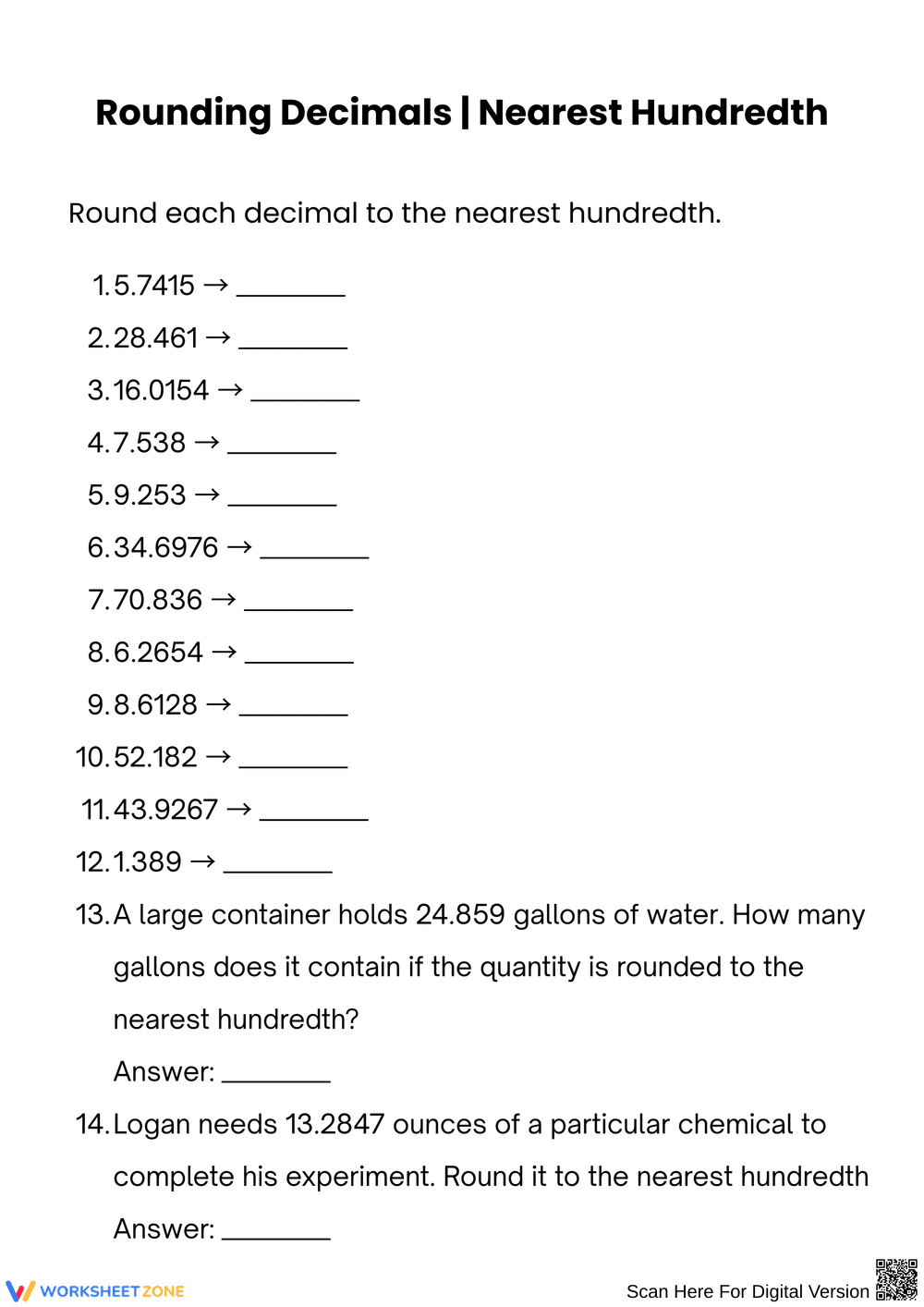 Rounding Decimals to Nearest Hundredth Worksheet - Page 1