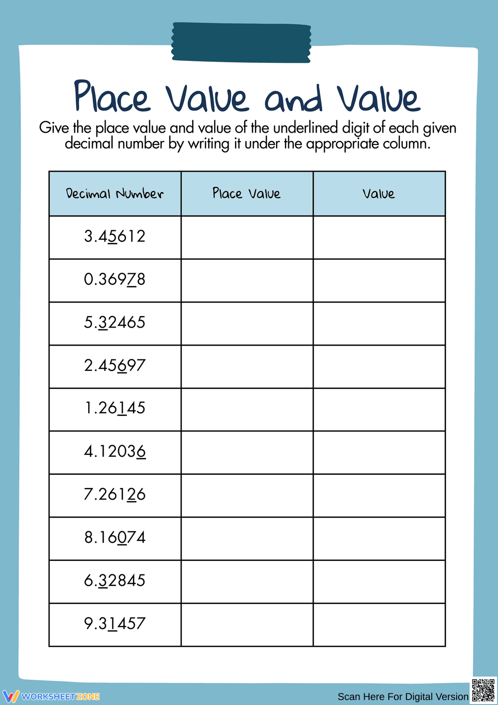 Understanding Place Value and Value of Decimals - Page 1