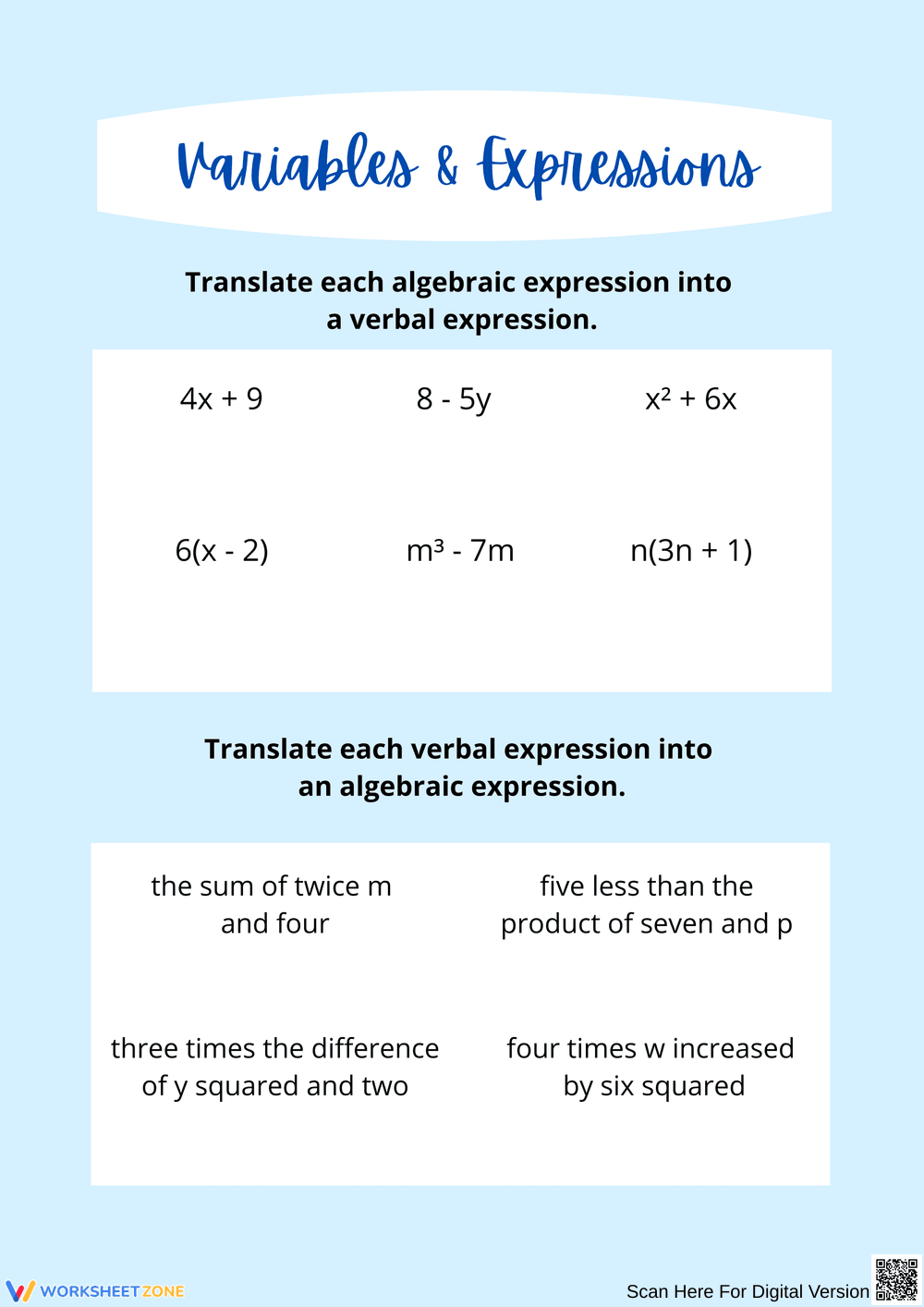 Translating Variables and Expressions Activities - Page 1