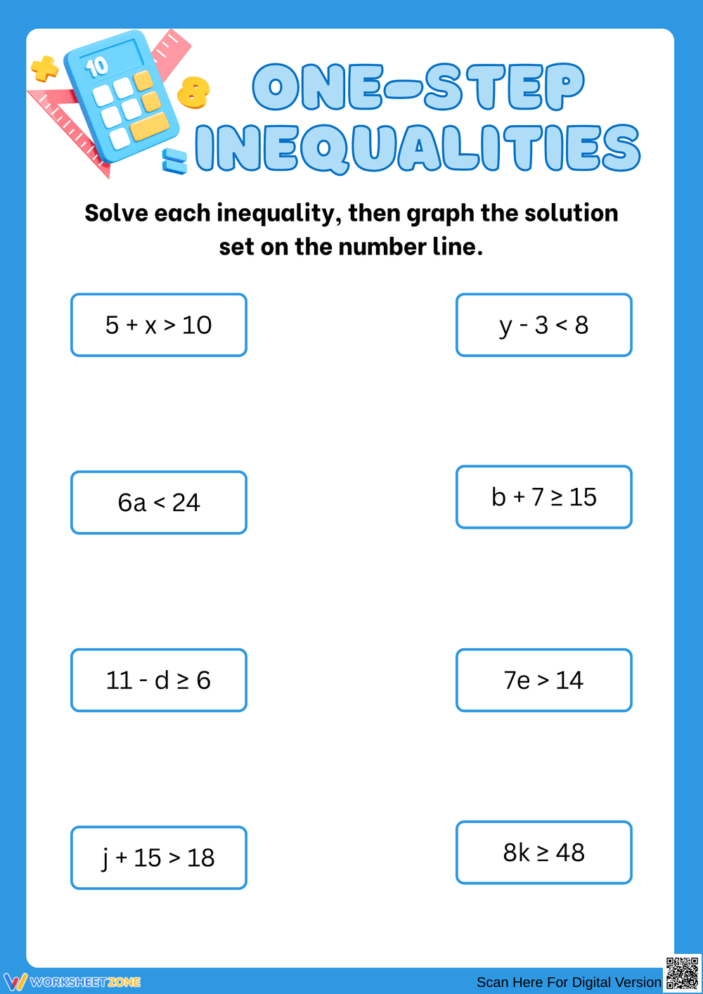One-Step Inequalities Worksheet for Graphing Solutions - Page 1