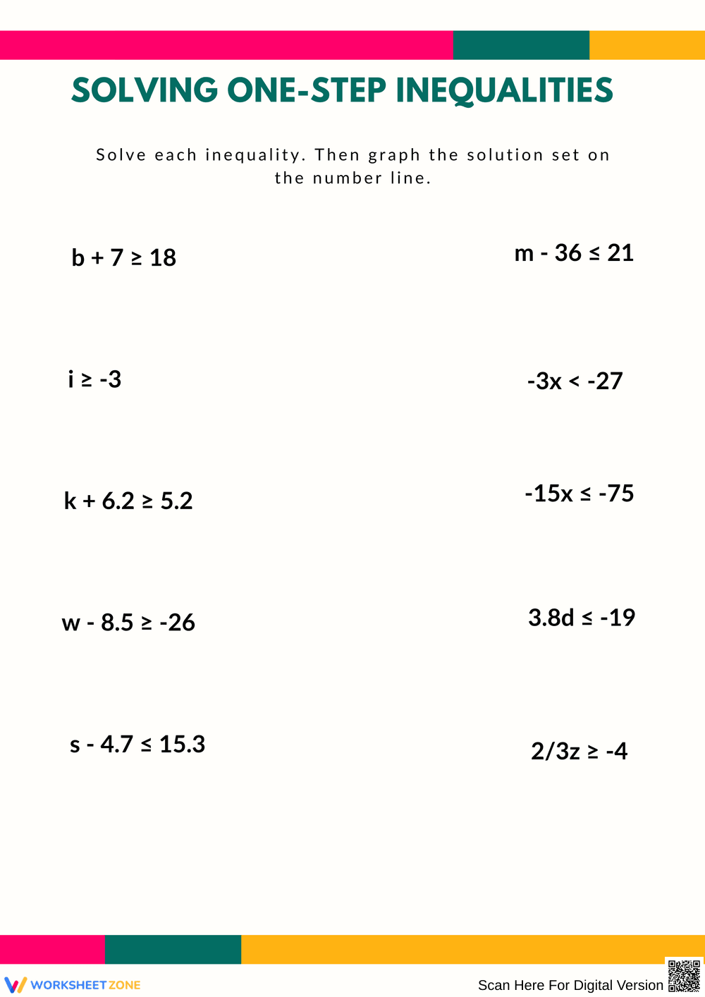 Solving One-Step Inequalities Worksheet - Page 1