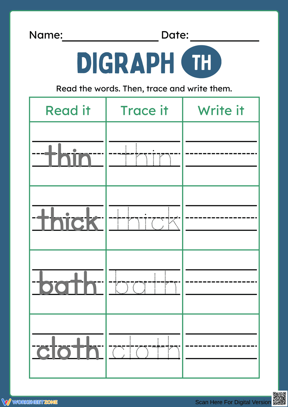 Digraph TH: Read, Trace, and Write Practice - Page 1