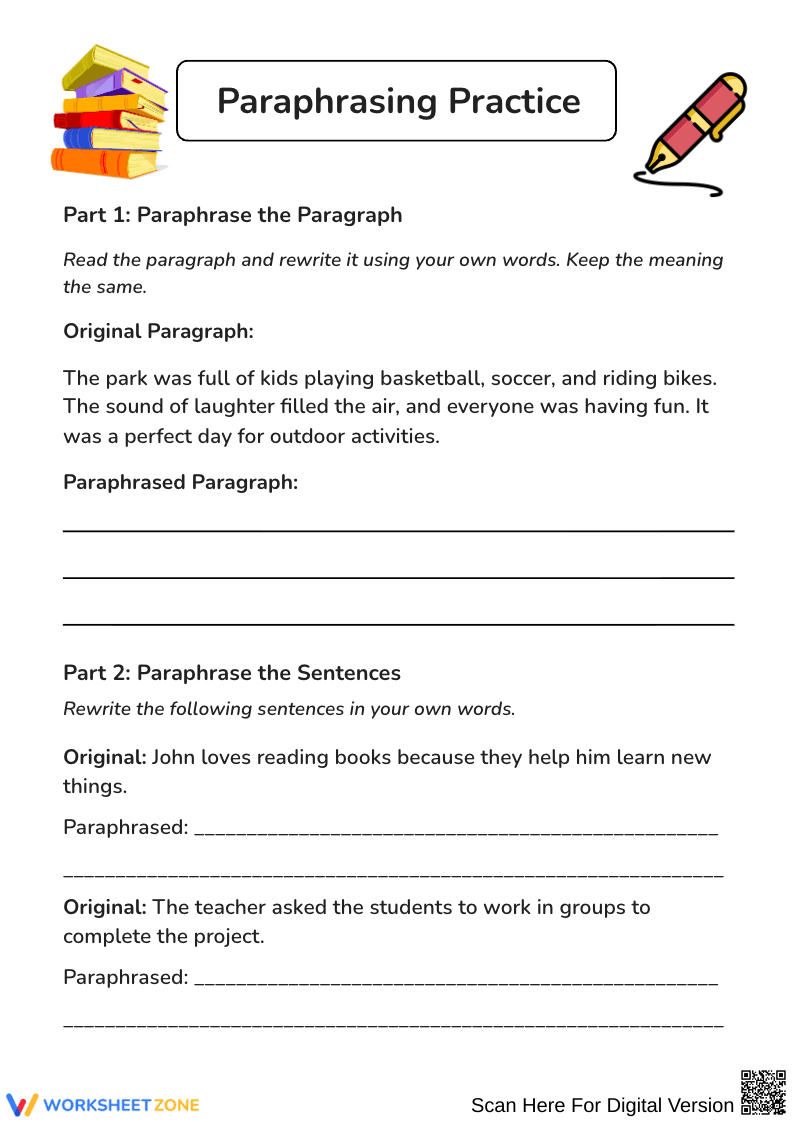 Grade 6 Paraphrasing Practice Worksheet - Page 1