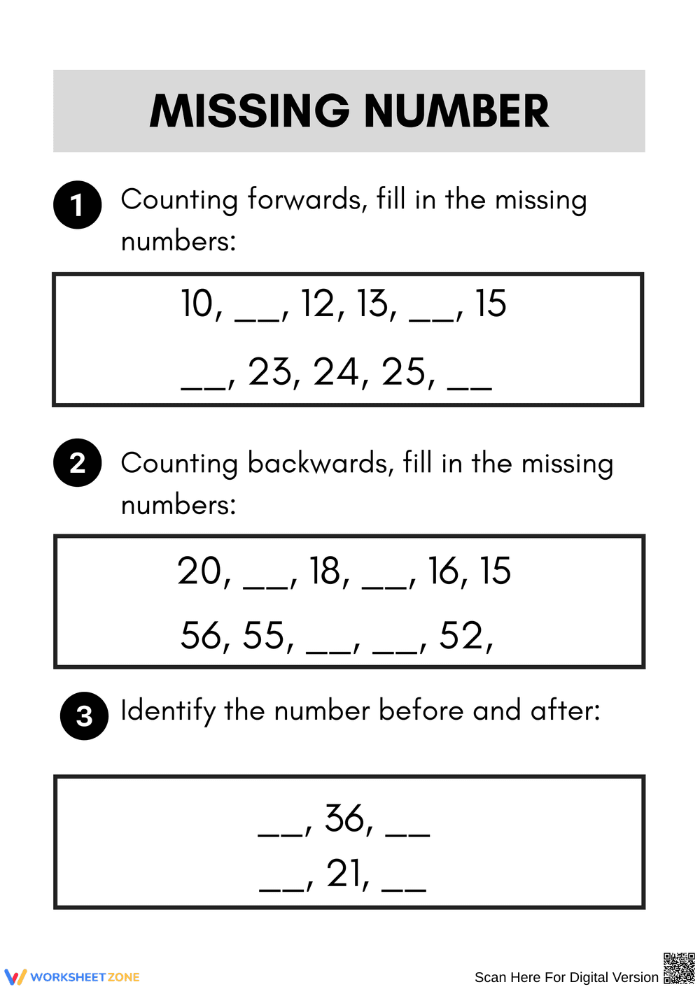 Missing Number Worksheets for Counting Skills - Page 1