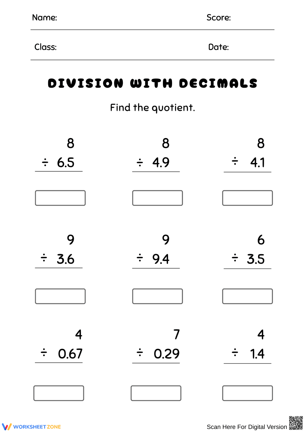 Mastering Division with Decimals Worksheets - Page 1