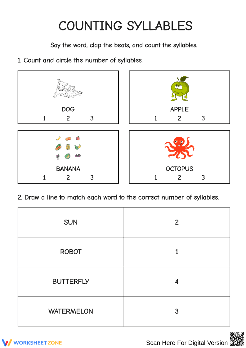 Counting Syllables Practice Worksheet - Page 1
