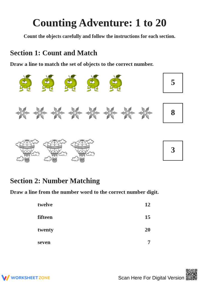 Counting Adventure Activities: Numbers 1 to 20 - Page 1