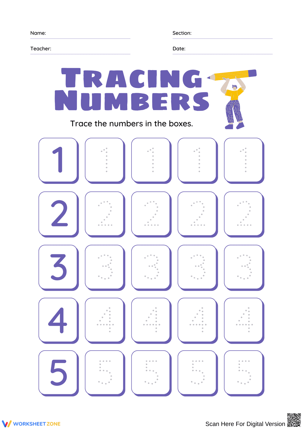 Tracing Numbers Worksheet for Young Learners - Page 1