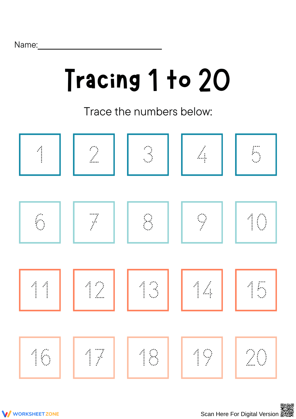 Tracing Numbers 1 to 20 Worksheet - Page 1