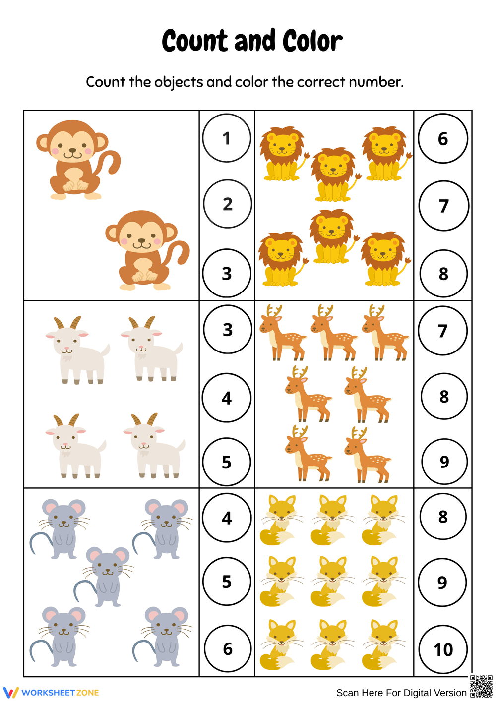 Count and Color Animals for Early Learners - Page 1