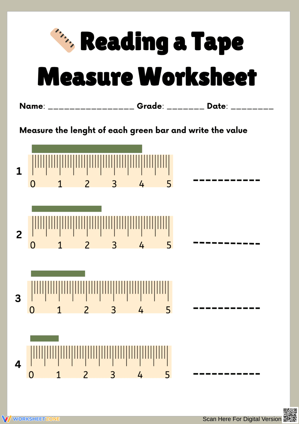 Measuring Lengths with a Tape Measure Worksheet - Page 1
