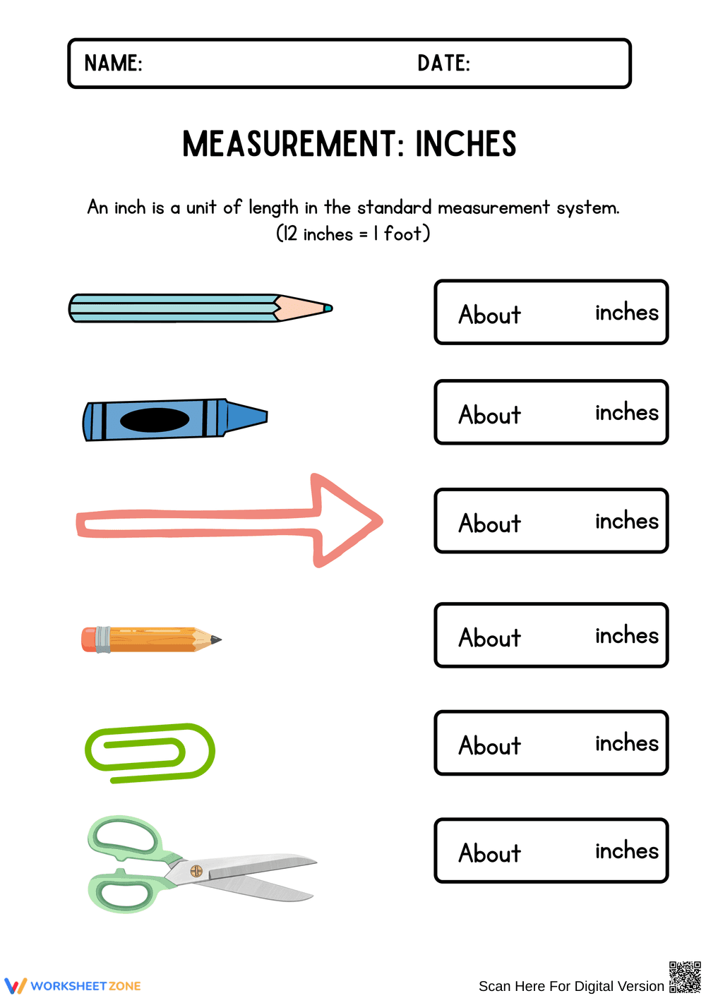 Understanding Inches: Fun Measurement Worksheet - Page 1