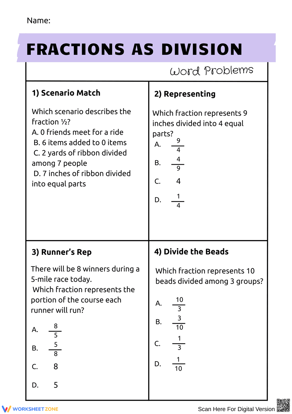 Understanding Fractions as Division Through Word Problems - Page 1