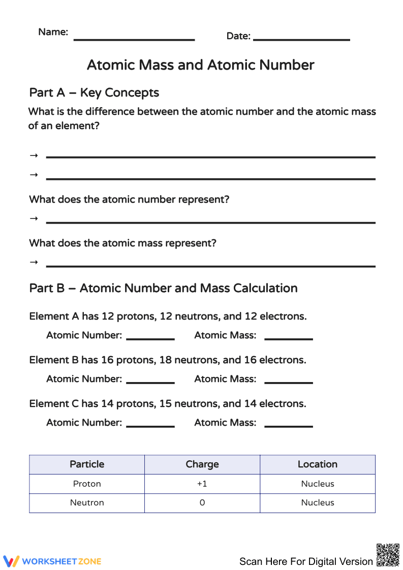 Atomic Mass and Atomic Number Worksheet - Page 1