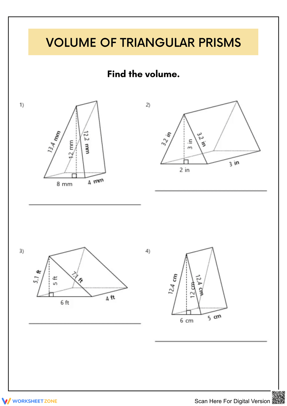 Calculate the Volume of Triangular Prisms - Page 1
