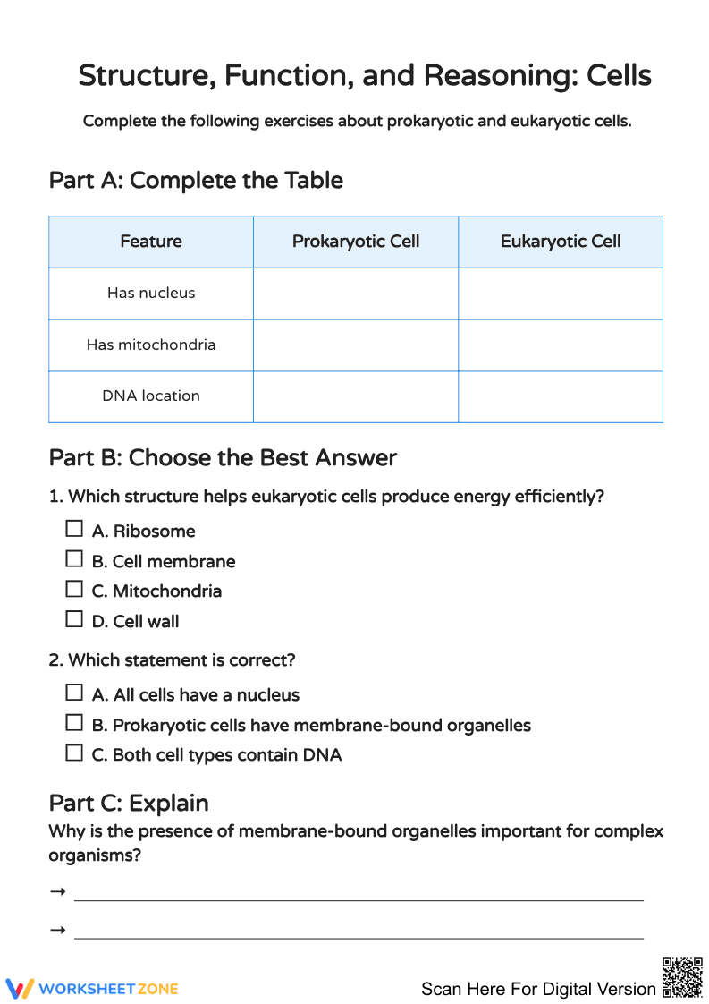 Structure, Function, and Reasoning: Cells Worksheet - Page 1