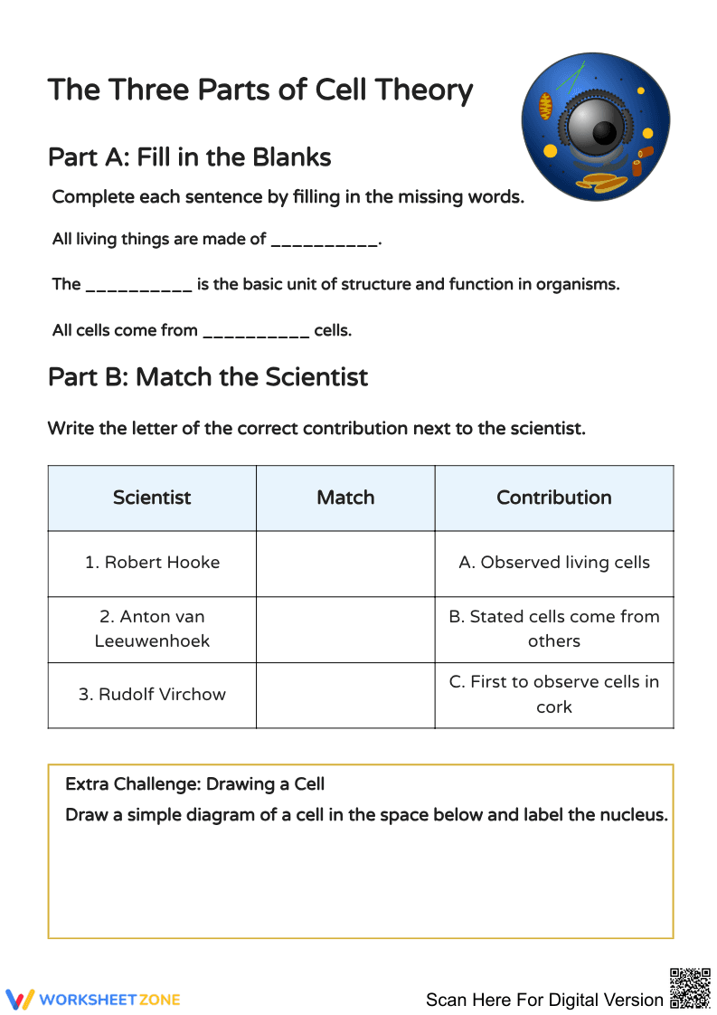 Cell Theory: Complete & Match the Scientist Worksheet - Page 1