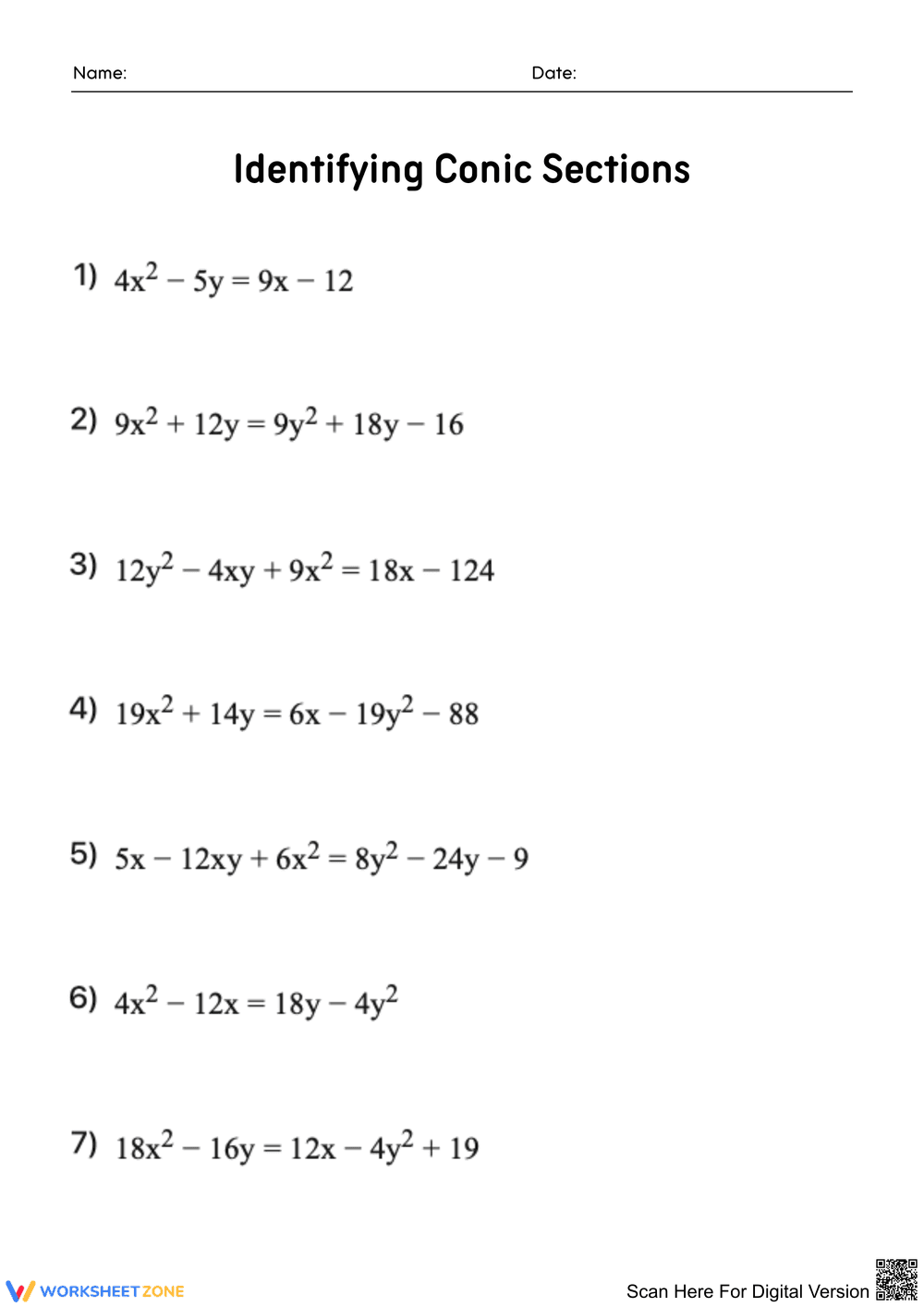 Identifying Conic Sections Worksheet - Page 1