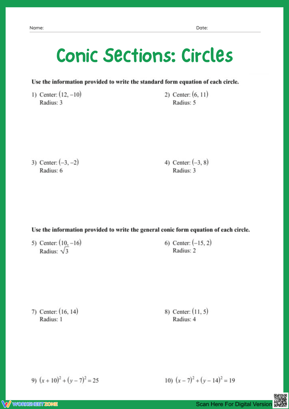 Exploring Conic Sections: Circles Worksheet - Page 1