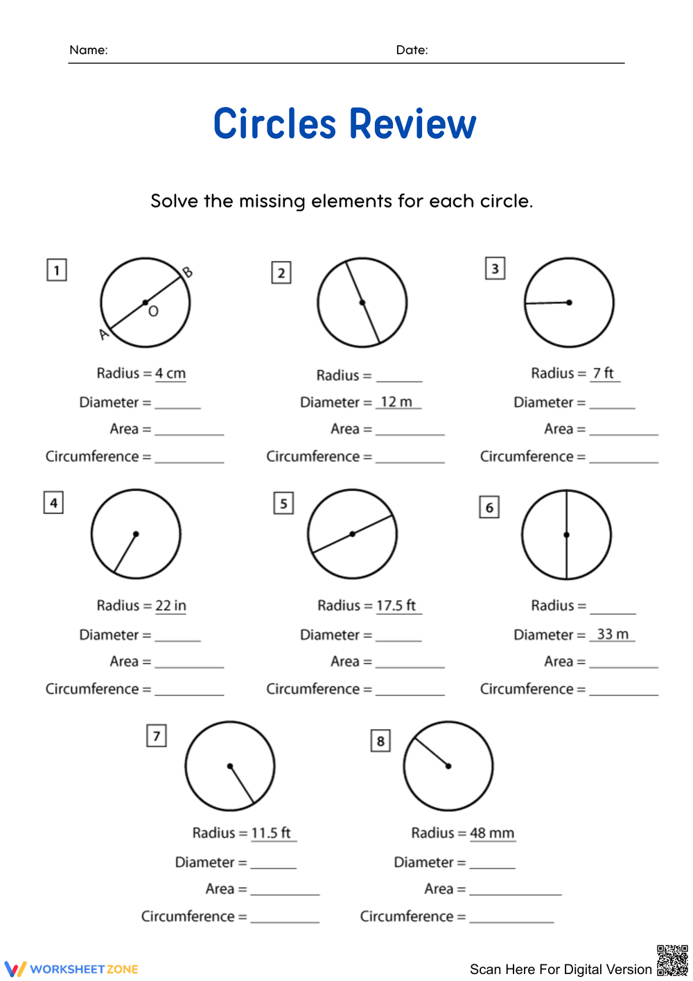 Circle Measurement Review Worksheet - Page 1