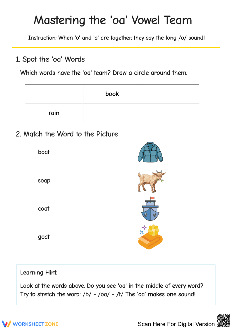 Mastering the 'oa' Vowel Team Activities - Page 1