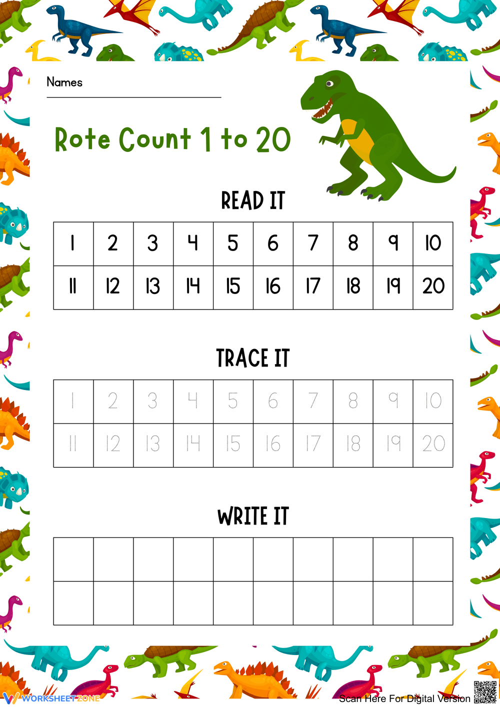 Rote Counting from 1 to 20 with Dinosaurs - Page 1