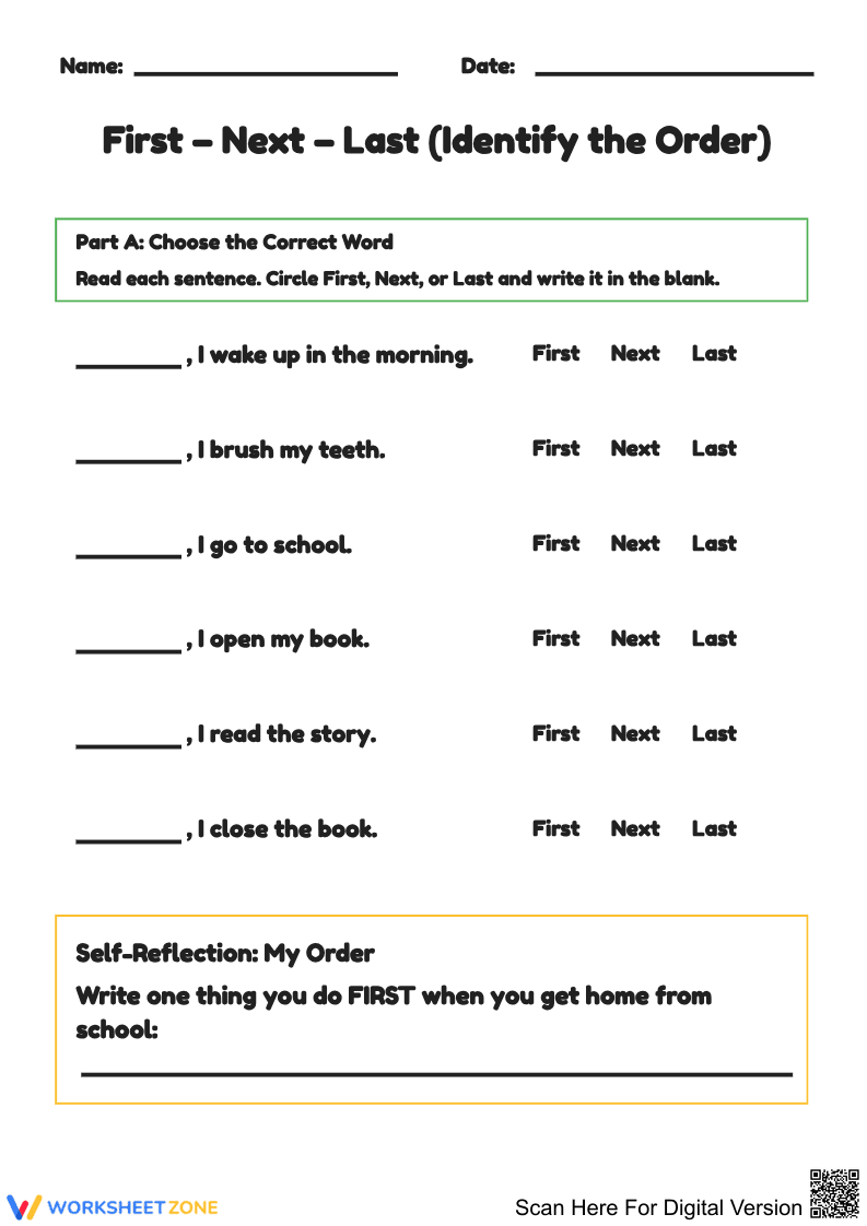 First – Next – Last Order Worksheet - Page 1