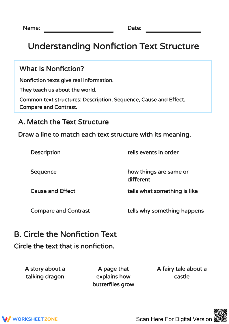 Nonfiction Text Structure Worksheet for Elementary - Page 1