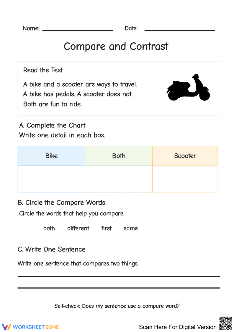 Compare and Contrast Text Structure Worksheet - Page 1