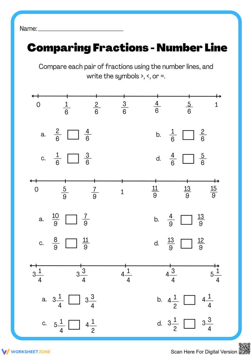 Comparing Fractions with Number Lines - Page 1
