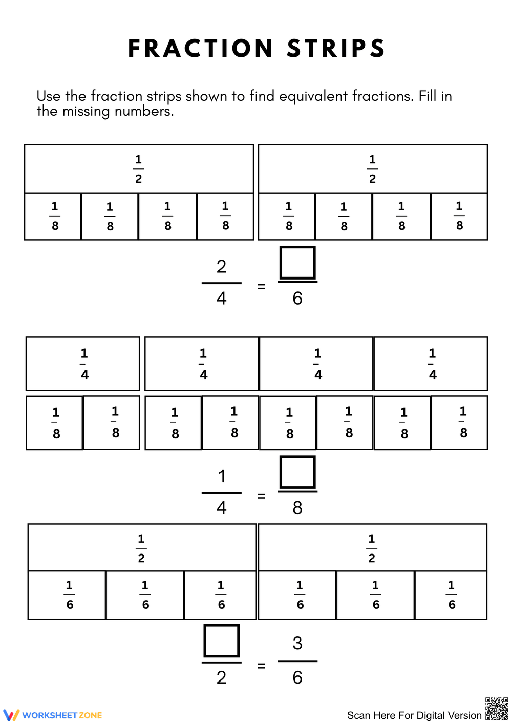 Understanding Equivalent Fractions with Strips - Page 1