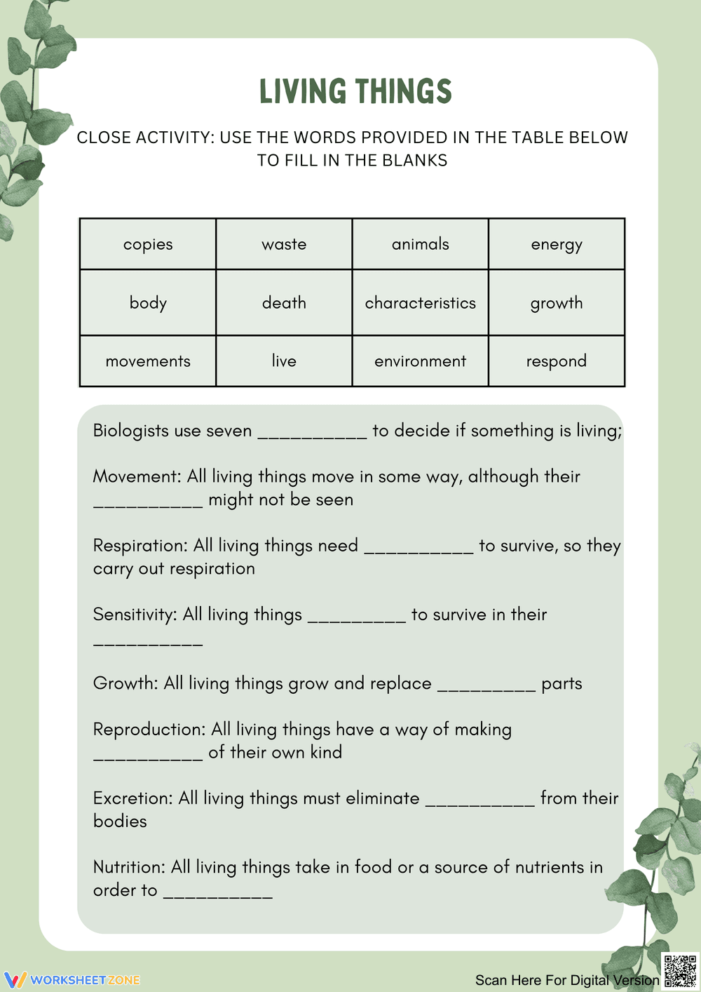 Exploring Living Things Through Fill-in-the-Blank Activities - Page 1